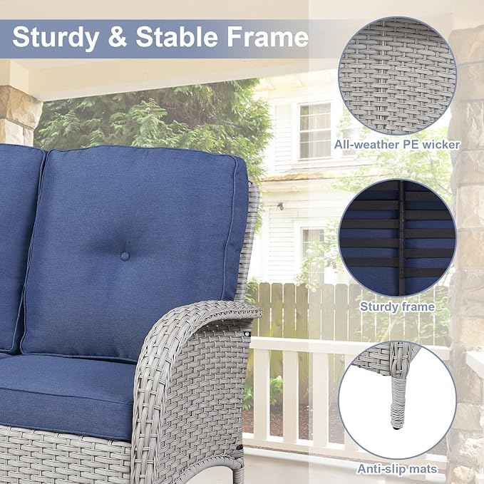 Belord Wicker Conversation Sets Patio Furniture 5 PCS Outdoor Rocking Chairs with Rattan Loveseat, Wicker Table and Chairs Set for Patio Deck Poolside Blue Cushion