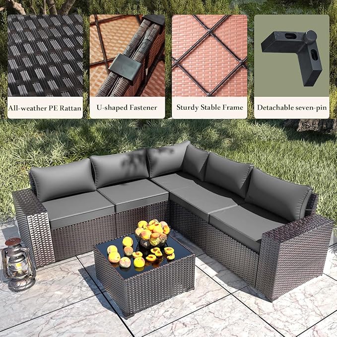 6 PCS Outdoor Patio Furniture Set,Outdoor Sectional Furniture All Weather PE Rattan Wicker Patio Conversation Set with Coffee Table and 5 Thickened Cushions,Grey