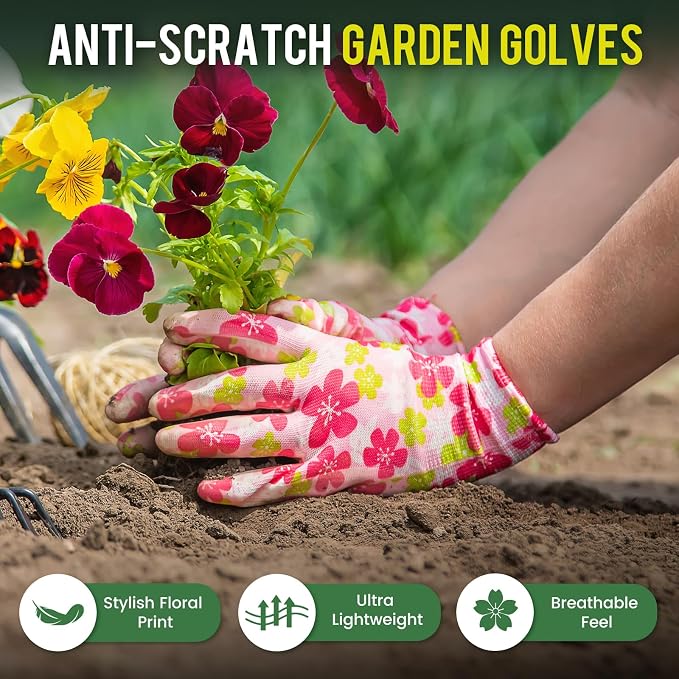 6 Pairs Gardening Gloves for Women - Breathable Rubber Coated Garden Gloves, Multi-purposes Gardening Gloves