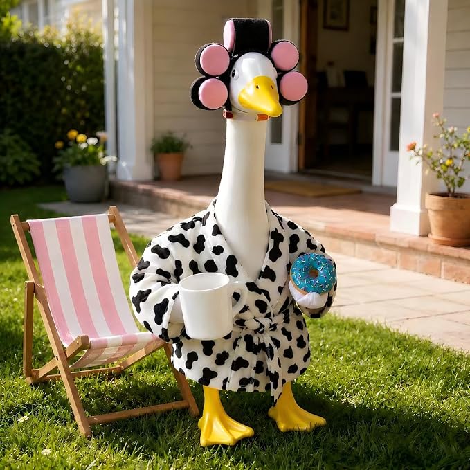 Goose Porch Outfit, 23-Inch Goose Statue, Leopard Print Bathrobe for Patio Home Decor, Comes with Curler, Waist Belt, Donut & Coffee Cup