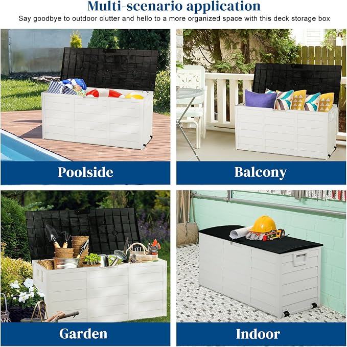 75 Gallon White Plastic Deck Box, Outdoor Storage Box for Patio Furniture, Garden Tools, Pool Accessories, Deck Box-Organization and Storage for Patio Storage Box Outdoor Cushions, Storage Container