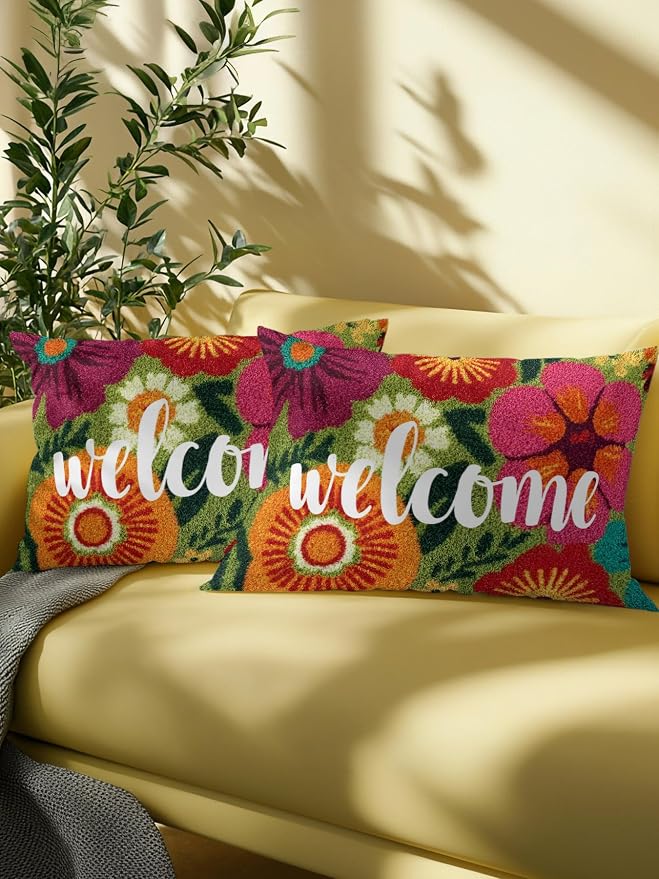 Outdoor Waterproof Throw Pillows 12x20in, Farmhouse Rustic Orange Red Floral Patio Pillows Pack of 1, Decorative Pillow Covers with Insert, Pillow Cushion Case for Garden Abstract Green Leaves