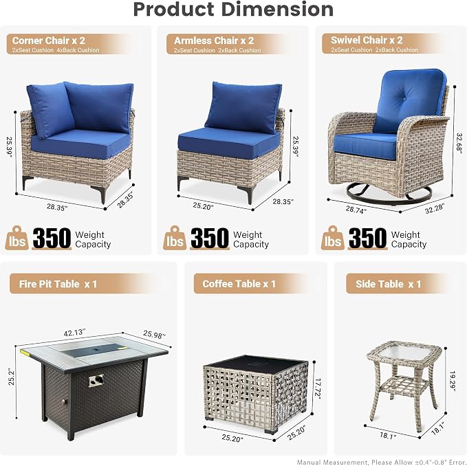 Outdoor Patio Furniture Sets,9 PCS Patio Conversation Set Outside Rattan Sectional Sofa with 42 in Fire Pit Table Wicker Rocking Chair Coffee Table Fit Backyard Porch Garden Poolside Balcony