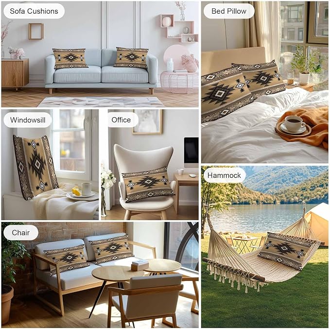 Vandarllin Outdoor Throw Pillows Covers 20x12 inch Set of 2 Waterproof Tribal Style Decorative Zippered Cushion Covers for Patio Furniture, Brown Southwest Native American Lumbar Pillowcases