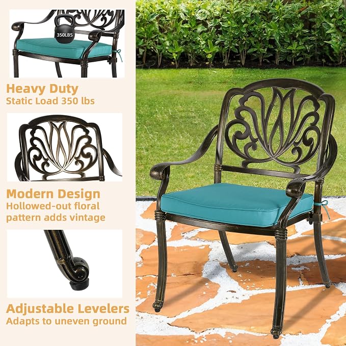 9-Piece Patio Furniture Dining Set, All Weather Cast Aluminum Outdoor Conversation Set- 61" Round Patio Dining Table with Detachable Lazy Susan, 8 Cushioned Chairs, Umbrella Hole, Ocean Blue