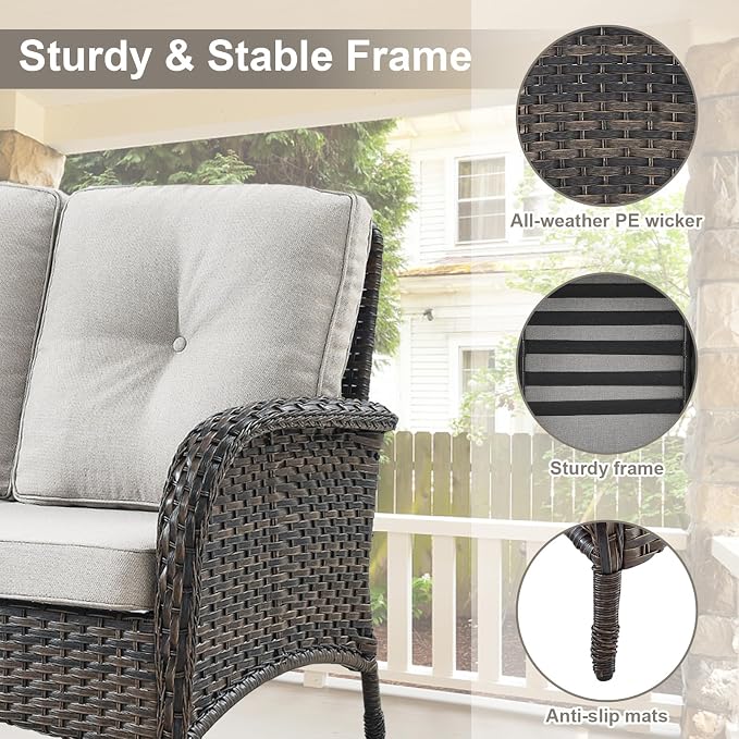 Belord Patio Wicker Furniture with Rocking Chairs Loveseat, 5 Piece Rattan Furniture Outdoor Table and Rocking Chairs Set for Patio Deck Porch Backyard Brwon/Beige