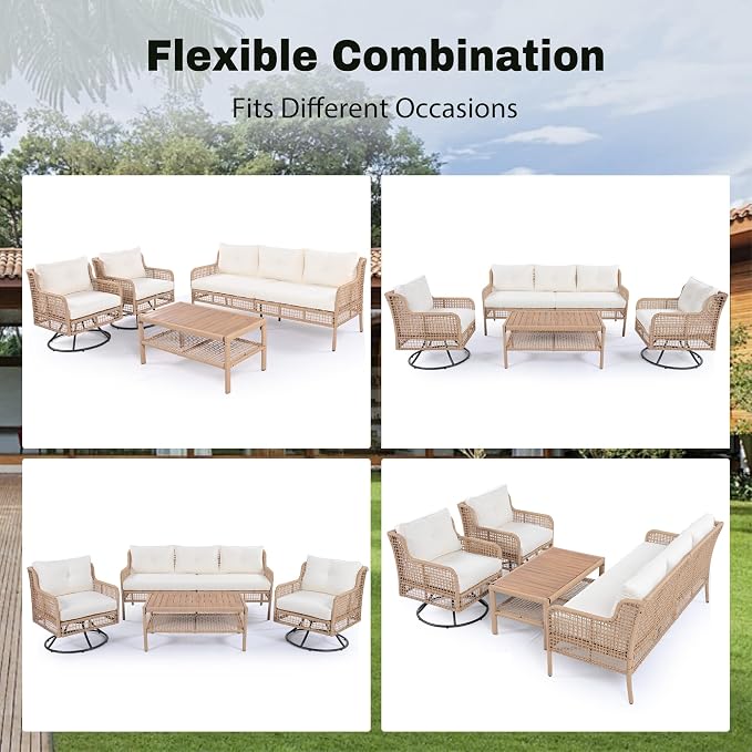 4 Piece Outdoor Furniture Set with Swivel Chair, High Back Wicker Rattan Sofa with Coffee Table for 5 People, Sectional Conversation Set for Patio Poolside Backyard Deck, Beige