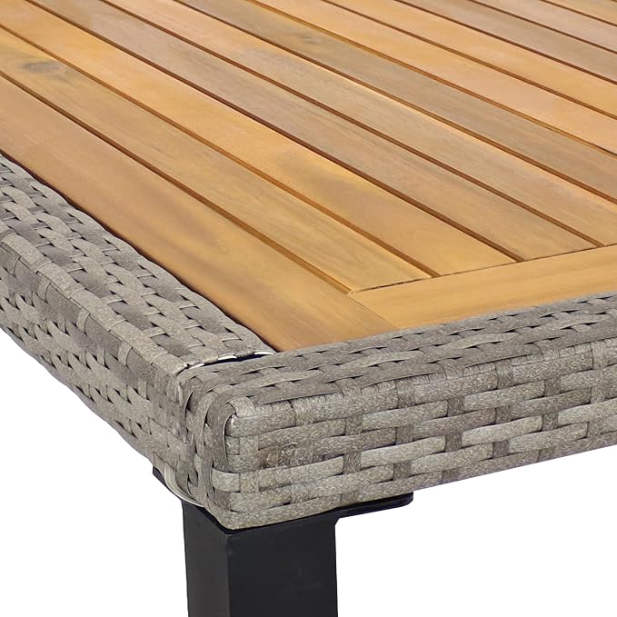 Sunnydaze Carlow 7-Piece Rattan and Acacia Outdoor Dining Set - 1 Table and 6 Chairs with Seat Cushions - Stone Gray