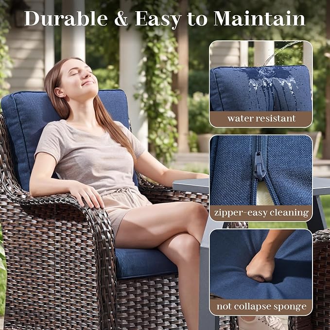Rilyson Luxury Wicker Outdoor Conversation Set with Glider Rocker Chairs, 5 Pieces Patio Furniture Set with Rattan Swivel Rocker Chairs and Ottomans All Weather Brown/Blue