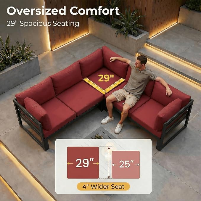 NICESOUL 11 Pcs Aluminum Patio Sectional Furniture Set with Lounge & Fire Pit Table, 500 lbs Heavy Duty Anti-Rust Outdoor Couch, 29" Deep Wide Seat, High End Conversation Sofa for Poolside, Burgundy