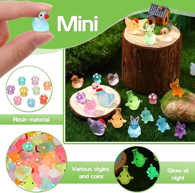190PCS Luminous Mini Resin Ducks Tiny Glow in The Dark Duck Chickens Rabbit Frogs Dolphin Mushroom Puppy Resin Miniature Animals for Landscape Dollhouse Garden Decoration