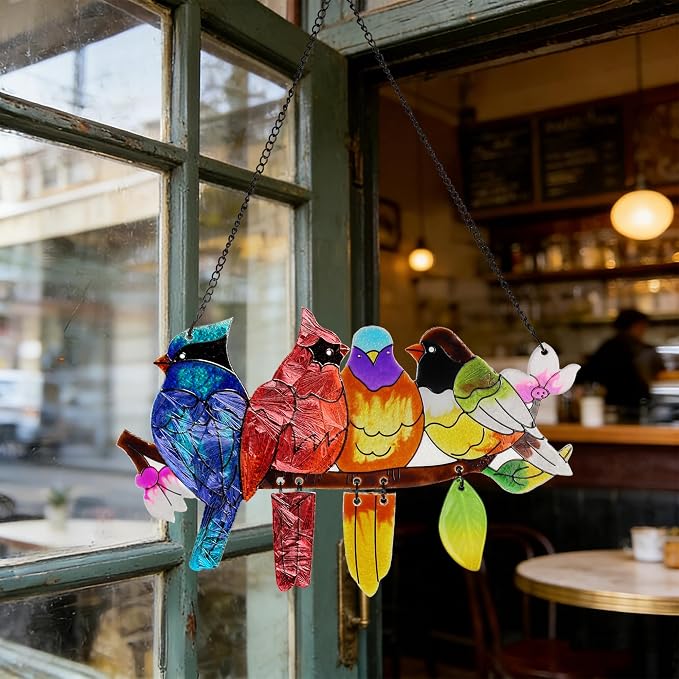 DASTOLL Stained Glass Window Hanging, Birds on A Branch Stain Glass Suncatcher, Hand-Painted Sun Catchers Indoor Window Decoration Bird Lover Gift for Mom, Grandma, Stocking Stuffers for Women