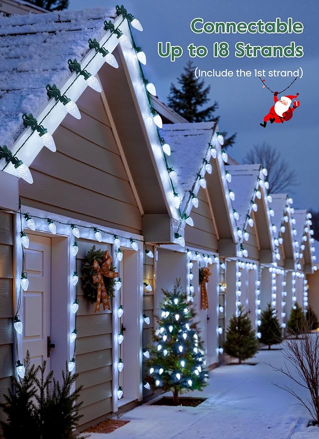 C9 Christmas Lights Outdoor, 102FT 150 LED String Lights with Spring Clips | Waterproof Connectable Commercial Grade Christmas Tree Lights for Outside Roofline Patio Yard Home Xmas Decor, Pure White