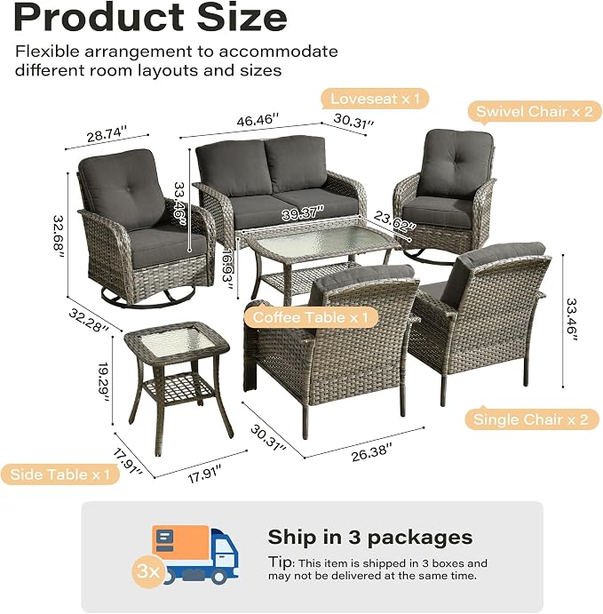 7 Pieces Patio Conversation Sets,Patio Furniture Set with Swivel Rocking Chairs,Coffee Table, Side Table, All Weather Rattan Wicker Outdoor Sectional Furniture Set for Porch Balcony Backyard Black