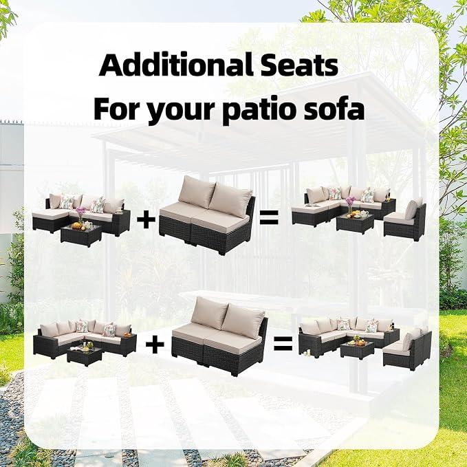 Outdoor Wicker Armless Sofa 2 Pack, Patio Rattan Sectional Sofa Set with Thick Seat Cushions and 2 Back Cushions for Garden, Backyard, Poolside Beige