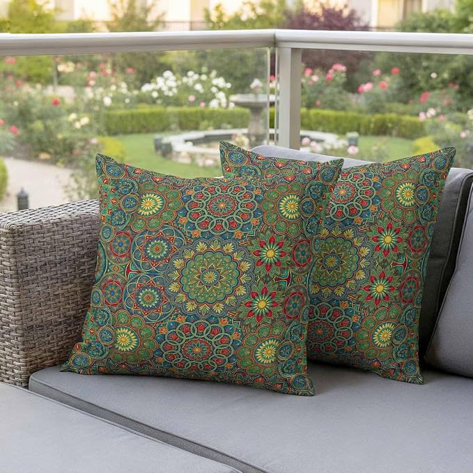 Bohemian Green Floral Outdoor Waterproof Pillow Covers Pack of 2, Boho Tribal Ethnic Abstract Geometric Flower Throw Pillowcases Decorative Cushion Covers for Garden Patio Tent Sofa Couch, 24x24 inch