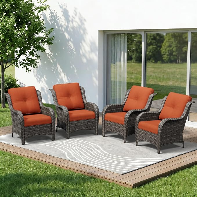 4 Piece Outdoor Wicker Patio Furniture Set, Patio Chairs Set of 4 with Thickened Olefin Cushions, High Back and Deep Seating, Hand-Woven PE Rattan for Porch, Deck, Orange