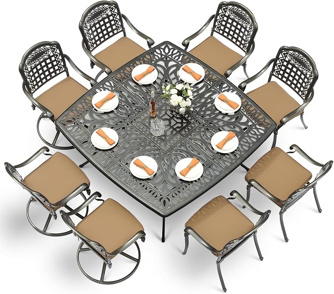 VIVIJASON 9-Piece Outdoor Dining Set, Cast Aluminum Patio Table & Chair Furniture Set for 8, Include Large 64" Square Dining Table, 4 Swivel Rocker Chairs, 4 Stationary Chairs, Umbrella Hole, Khaki