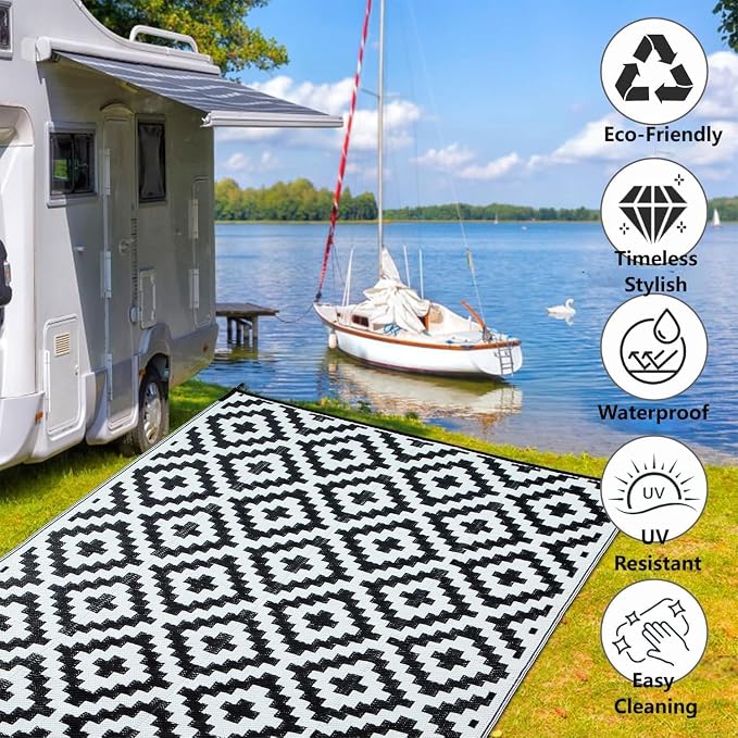 Large Boho Area Rug 8' x 5', Washable Foldable Indoor Floor Carpet, Geometric Diamond Print Lightweight Rug for Living Room Bedroom Entryway Office, Black and White Modern Decor Rug with Storage Bag