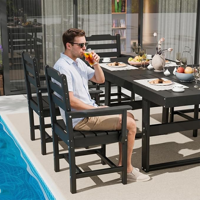 10 Piece Outdoor Dining Set All Weather HDPE Patio Table and Chairs Set for 8 with Umbrella Hole Outdoor Furniture for Deck, Backyard, Garden (Black)