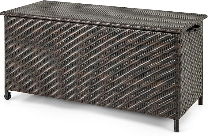 Tangkula Tightly-Woven Rattan Deck Box, Patiojoy Storage Cabinet Container with Polyester Liner, Universal Wheels & Gas Strut, 85 Gallon Indoor Outdoor Storage Box for Pillows, Cushions (Brown)