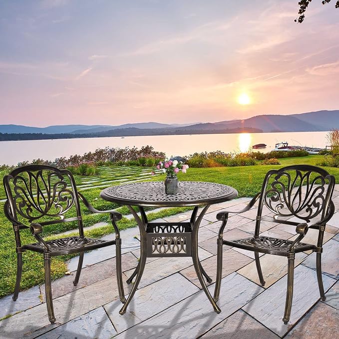 3-Piece Outdoor Patio Dining Set, All-Weather Cast Aluminum Patio Furniture Set for Backyard Garden Deck with 2 Chairs and 35.4” Round Table, 2" Umbrella Hole