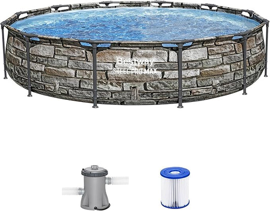 Bestway Steel Pro MAX 12' x 30" Above Ground Pool, Round Metal Frame Outdoor Swimming Pool Set with Filter Pump & Type I Cartridge, Stone Print
