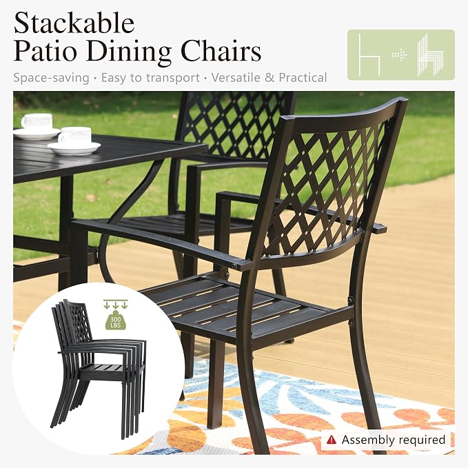 PHI VILLA 7 Piece Metal Outdoor Patio Dining Bistro Sets with Umbrella Hole, 60.2" x 37.8" Rectangle Patio Table and 6 Backyard Garden Outdoor Chairs, Black