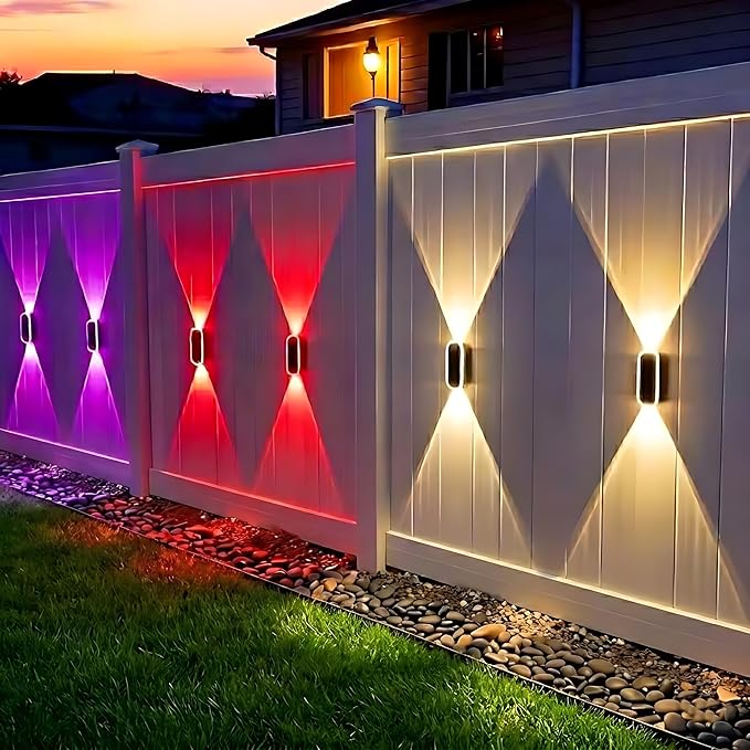 Herzila 10 Pack Solar Fence Lights,RGBW Solar Powered Fence Wall Lights, IP65 Waterproof 8-Color Changing Up Down Lighting Wall Lights for Outdoor/Patio/Porch/Pool Cage