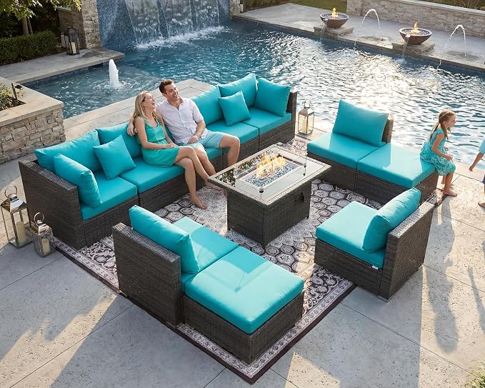 NICESOUL 11 Piece Outdoor Furniture Sets with Natural Gas/Propane Firepit, XXL 10-Seats Patio Sectional, 29.3'' High-Back Backyard Seating, All-Weather Wicker Couch Set for Outside, Deck, Grey & Teal