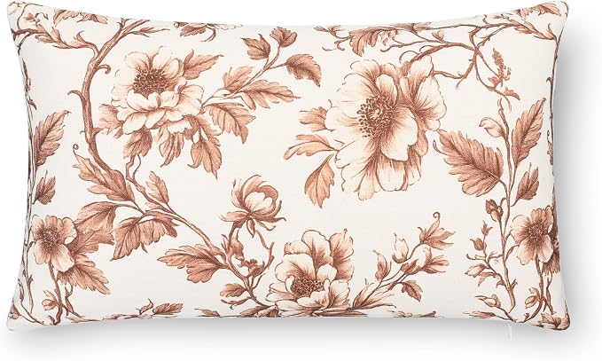 Modern Farmhouse California Casual Indoor Outdoor Lumbar Pillow Cover, 12"x20" Water Repellent for Patio, Backyard, Couch, Poolside, Cocoa Brown Print Vintage Chinoiserie Floral