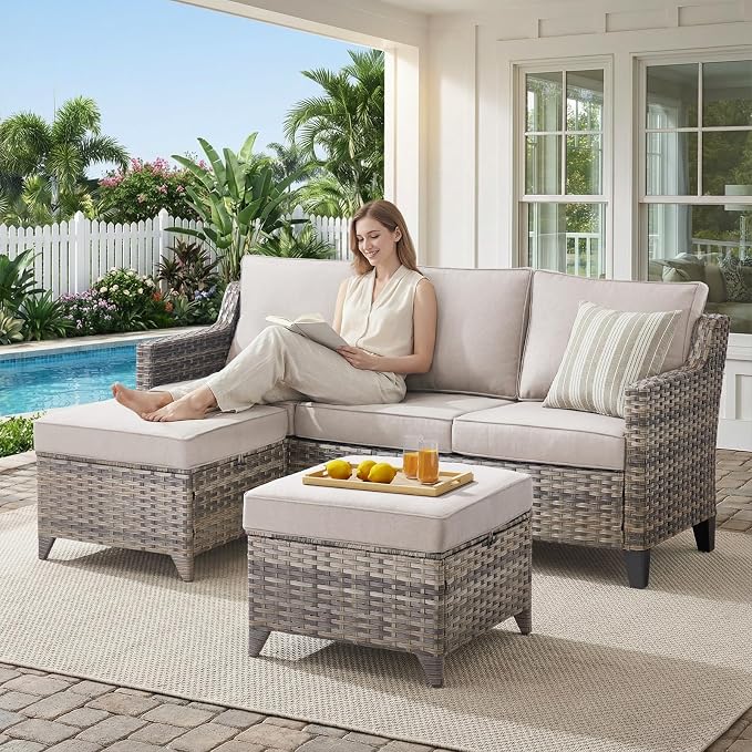 Belord Patio Chairs Set of 2 with 3-Seater Sofa, Outdoor Rattan Chairs for Deck Porch Garden, 6 Piece Luxury Patio Furniture Set, Beige
