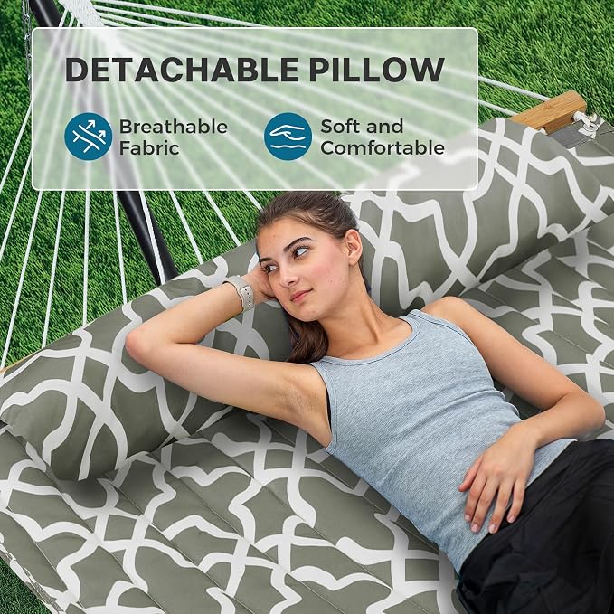 SUPERJARE Hammock with Stand, 2 Person Quilted Outdoor Hammock, Detachable Pillow & Bamboo Spreaders, Portable with Carrying Bag, Heavy Duty Stand, Perfect for Outside, Patio, Grey with White Flower