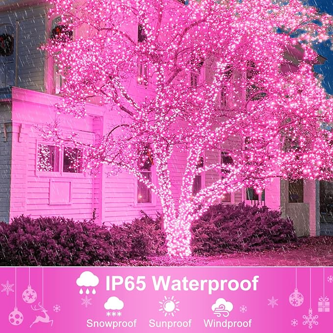 2 Pack Christmas Lights Outdoor, Total 200FT 600 LED Christmas Tree Lights | Pink, Plug in 8 Modes Waterproof String Lights for Outside Indoor Bedroom Home Patio Balcony Xmas Holiday Decorations
