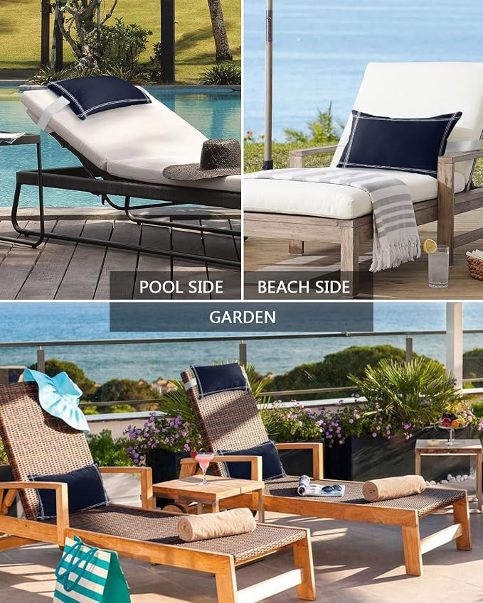 Outdoor Pillows Covers with Inserts Solid Color Dark Blue Waterproof Recliner Pillow with Adjustable Strap Throw Pillows for Patio Furniture Pool Lounge Chair, 11x16 inch, 1PCS