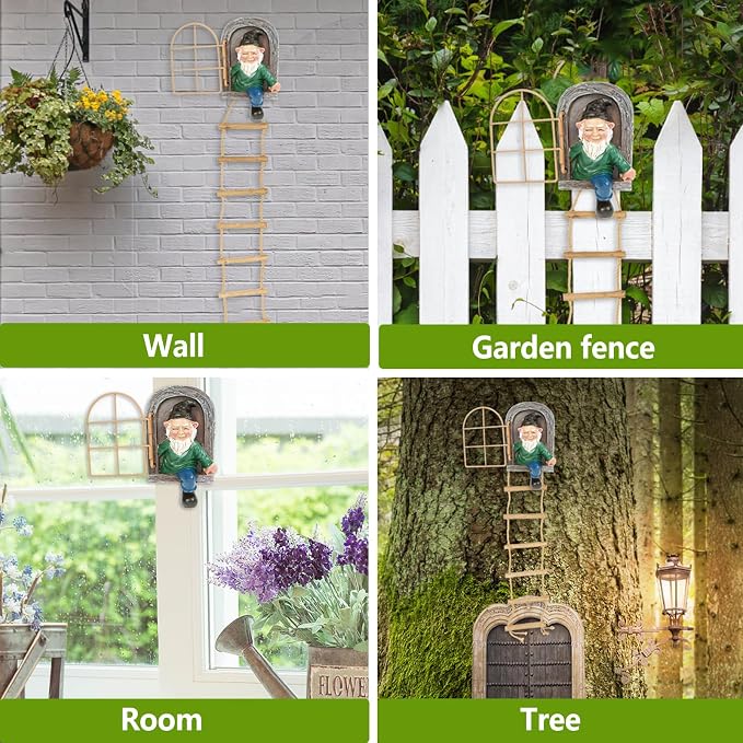 Garden Gnomes Decoration Outdoor Tree Faces Decor with Hanging Ladder for Yard, Elf Out The Door Tree Hugger Figurine Resin Garden Sculpture Ornament Whimsical Gnome Decor for Patio Yard Lawn
