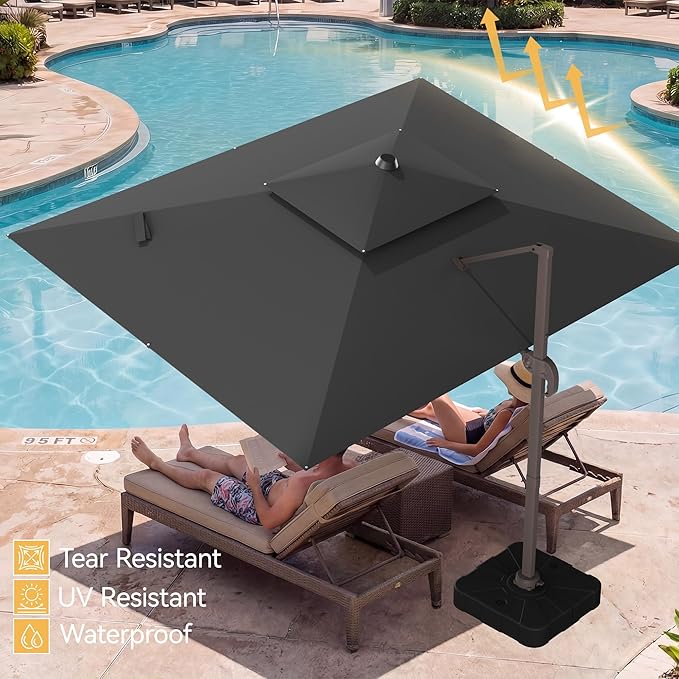 10x13 FT Patio Umbrella with Base, Large Cantilever Rectangular Double Top Heavy Duty Offset Umbrellas with 361° Rotation, Outdoor shade for Garden Deck Pool Patio, Gray