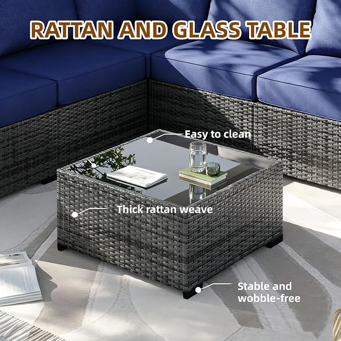 MOCHITO 7 Pcs Outdoor Patio Furniture Sets Grey Rattan Blue Cushions | All-Weather Sectional Sofa, with Glass Table, PE Rattan Wicker Patio Furniture , Washable Cushions, for Balcony Porch Garden