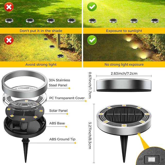 10 Pack Solar Ground Lights Outdoor, 8 LED Mini Flat Solar Disk Lights, IP65 Waterproof Anti-Rust Disc Light, Landscape Lighting for Garden Pathway Yard Walkway Driveway Lawn,Warm White