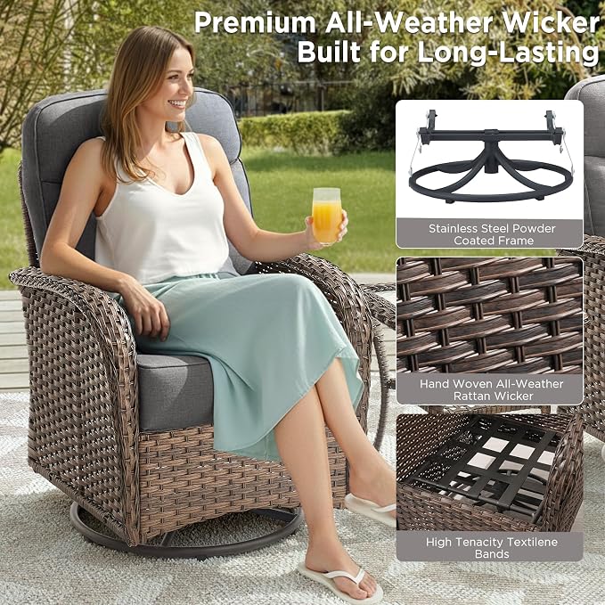 Luxury Outdoor Patio Furniture Set with 6-Inch Thick Cushions, 6 Pieces All-Weather Wicker Outdoor Furniture with Outdoor Rocking Chair, Outdoor Patio Conversation Sets for Garden Porch Deck, Grey