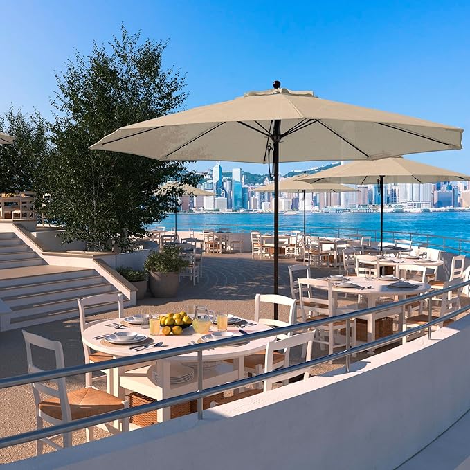 California Umbrella 11Ft Commercial Grade Market Umbrella, Pulley Lift, Aluminum/Fiberglass, 2mm pole wall, Bronze Frame, Solution Dyed Beige Fabric