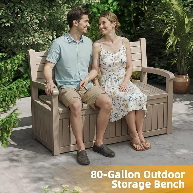 EasyUp 80 Gallon Outdoor Storage Bench Lockable Deck Box Outdoor Storage Box Waterproof for Patio,Garden,and Porch – Perfect for Storing Garden Tools and Cushions(Grey Srtipe)