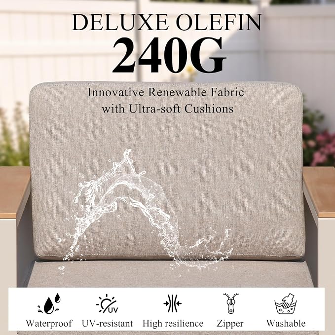 7-Seater Beige Aluminum Patio Conversation Set, Outdoor Sectional Sofa Set with Coffee Table, 1.5mm Thick Powder-Coated Frame, Weather Resistant Outdoor Furniture with Washable Waterproof Cushions