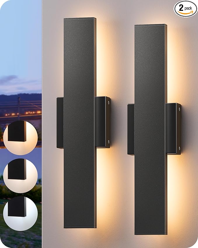 EDISHINE 2 Pack LED Outdoor Wall Lights Dimmable, 3000K 4000K 5000K, 15.7" Modern Black Outdoor Wall Sconce, IP65 Waterproof, Linear Exterior Wall Light for Entrance, Hallway, Garage, Porch