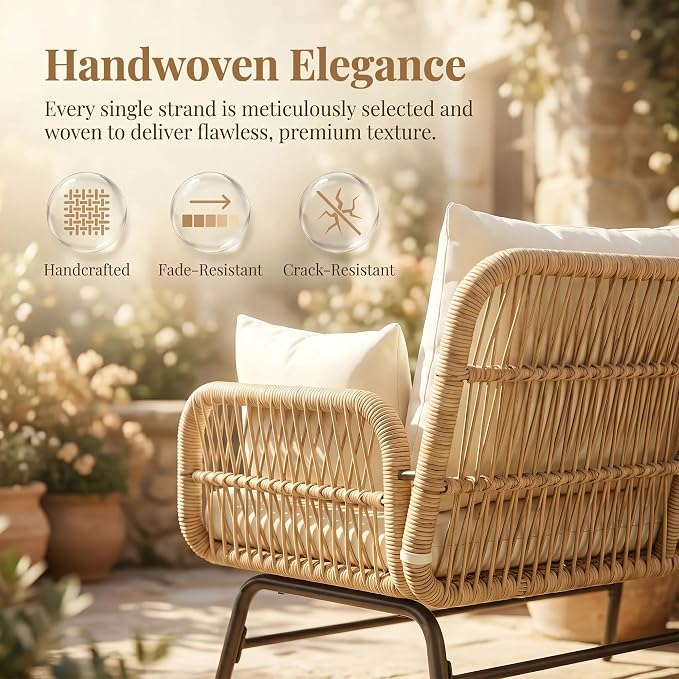 NICESOUL Boho L-Shaped Outdoor Patio Furniture Set with Comfy 3" Thickened Cushion, High Back Wicker Lounge Sectional Sofa for Porch Balcony Deck Garden, Beige