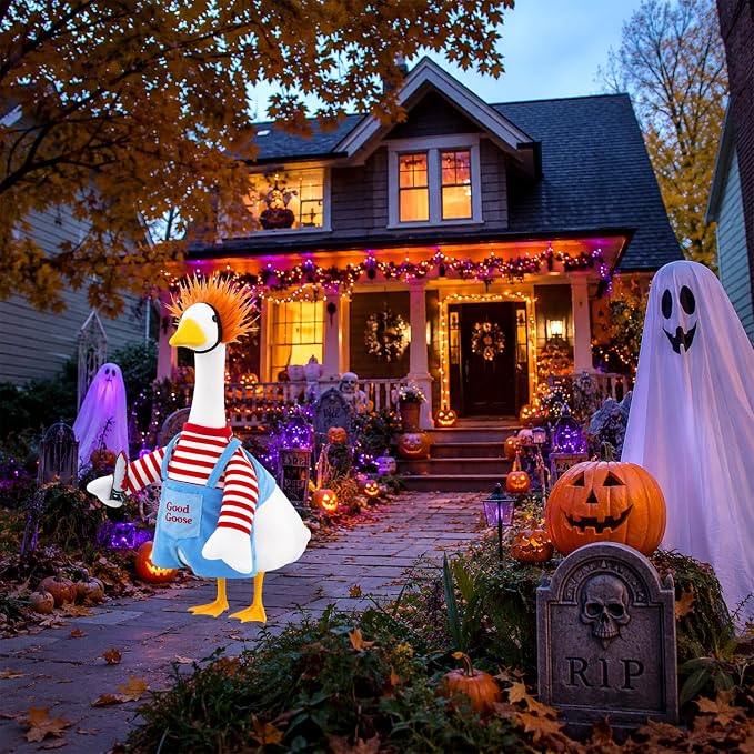 Halloween Goose Outfit Scary Porch Goose Costumes for Outdoor Decor | for 23''H Plastic/Cement Statues, Halloween Geese Jumpsuit Overalls Clothes Lawn Patio Yard Decorations