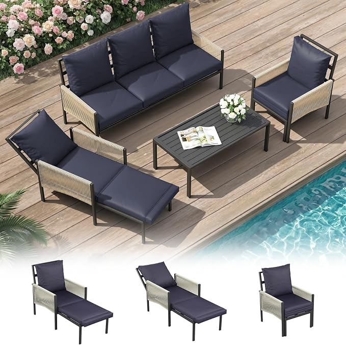 U-MAX Aluminum Patio Furniture Set 5 Seats Outdoor Sectional Couch with Coffee Central Table Patio Conversation Sets for Porch Deck (Dark Blue, with Retractable Single Sofa)