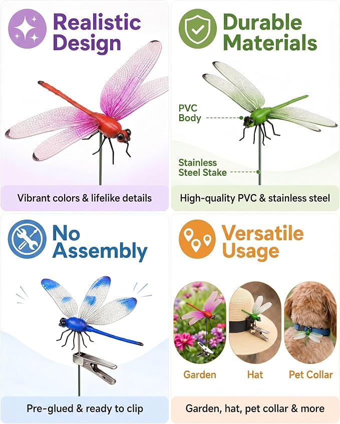 8 Pack Dragonfly Decoy Clips, 3D Realistic Wingman for Outdoor Garden, Nature-Inspired Visual Deterrent for Wasps, Flies and Bees, Clip-on Decoration for Hats, Backpacks and Patio