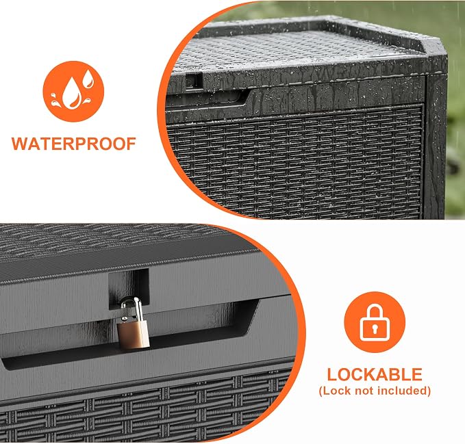 EasyUp 70 Gallon Deck Boxes Outdoor Waterproof, Resin Outside Storage Box for Patio Cushion Furniture Pool Accessories Garden Tools Indoor Outdoor Storage Bench (70 Gallon, Black)