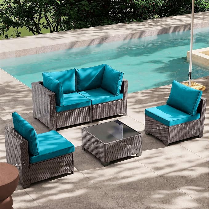 MOCHITO 5 Pcs Outdoor Patio Furniture Sets Brown Rattan Turk Blue Cushions | All-Weather Sectional Sofa, with Glass Table, PE Rattan Wicker Patio Furniture , Washable Cushions, for Balcony Porch Garden